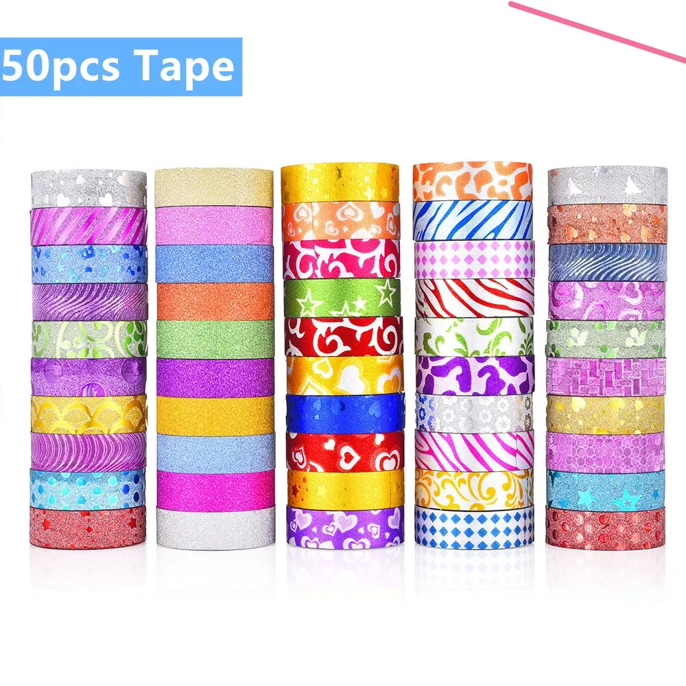 

50PCS Glitter Washi Tape Cute Decorative Adhesive Tape Masking Tape For Stickers Scrapbooking DIY Stationery Tape