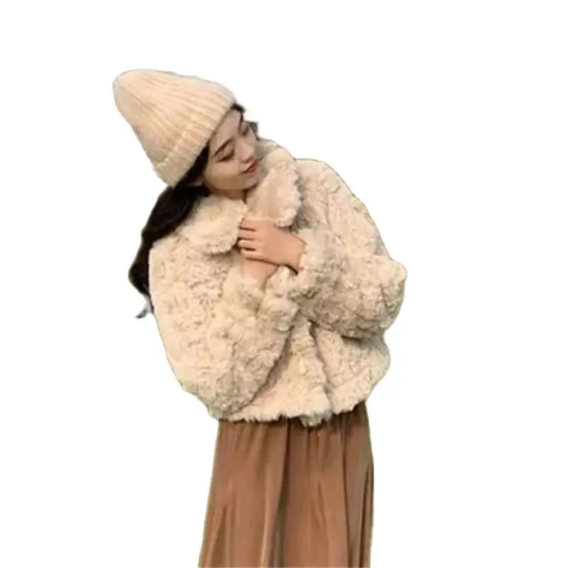 Women Stand-up Collar Short Fur Coat Women Korean Imitation Rex Rabbit Fur All-match Casual Winter Long-Sleeved Loose Thick Coat