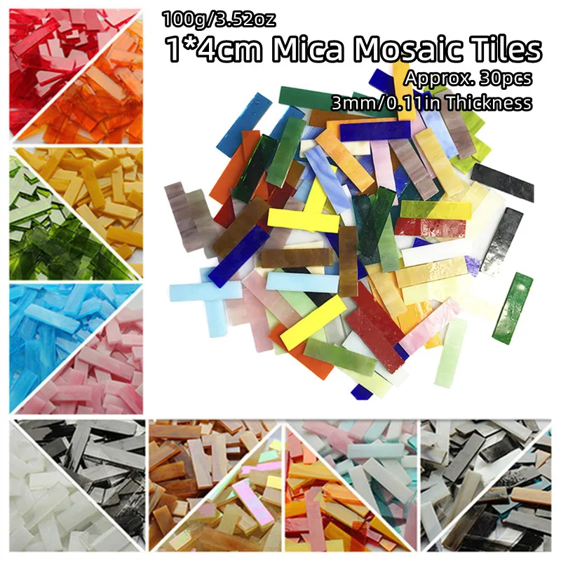 

100g/3.52oz (Approx. 30pcs) 1*4cm Strip Mica Mosaic Tiles 3mm/0.11in Thickness Transcluent Glass Tile DIY Mosaic Craft Materials