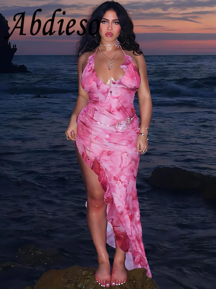 

Abdieso 2023 Ruffle Summer Backless Maxi Party Dresses Women Beach Holiday Fashion Sleeveless Halter Print Sexy Bodycon Dress