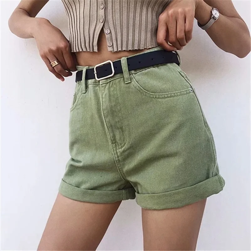 Women Vintage Sexy High Waist Khaki Denim Shorts Slim Fit Belt Shorts Summer All-Match Street Fashion New Zipper Pockets Bottoms