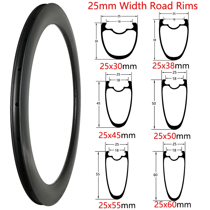700C Carbon Rims 25mm Width Road Bike Carbon Rims Clincher Tubeless Tubular UD 3K 12K Matte Glossy Customizable 700C Carbon