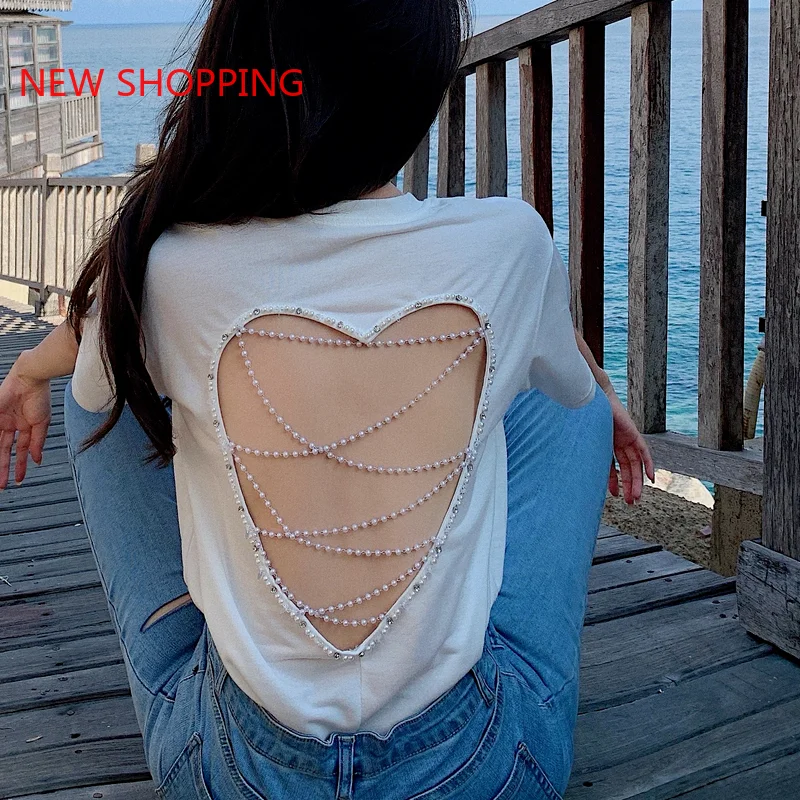 

Hollow Out Backless Tops Korean Fashion Summer Sexy Women T Shirts Pearls O Neck Short Sleeve Tee Tops Vintage Streetwear Shirt