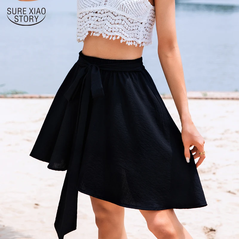 

Sweet Asymmetric Beach Vacation Skirt Summer 2023 A-line Elastic High Waist Skirt Casual Folds Slim Solid Mini Black Skirt 22595