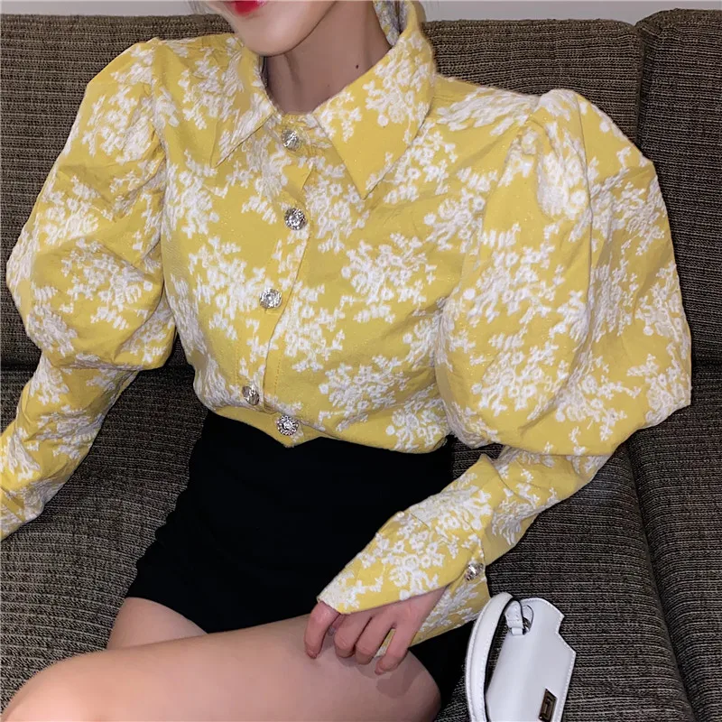 

Женские топы, рубашки на пуговицах в стиле Харадзюку, Весенняя Новинка, винтажная блузка с длинным рукавом-фонариком и цветами, рубашки, жен...