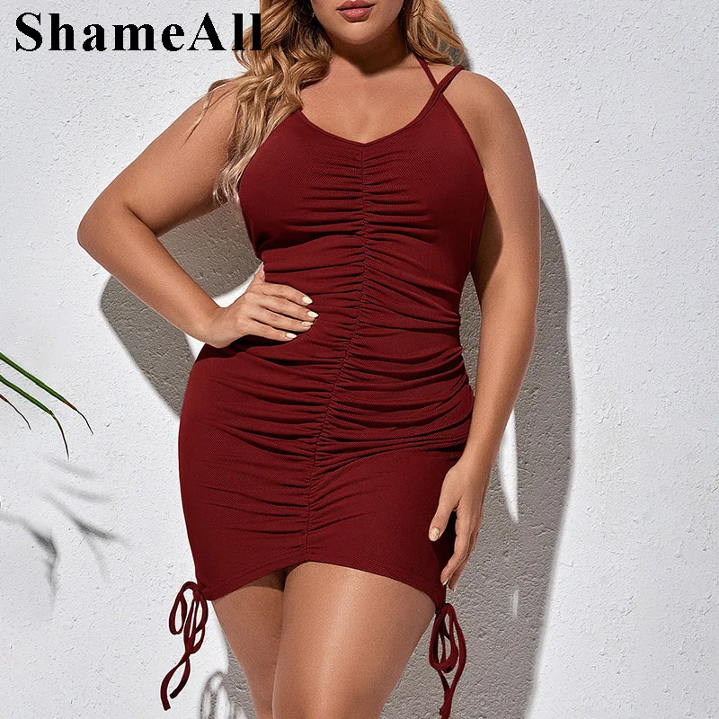 

Plus Size Ribbed Knitted Ruched Sexy Evening Party Club Mini Dress 4xl Summer Women Spaghetti Strap Sleeveless Backless Sundress