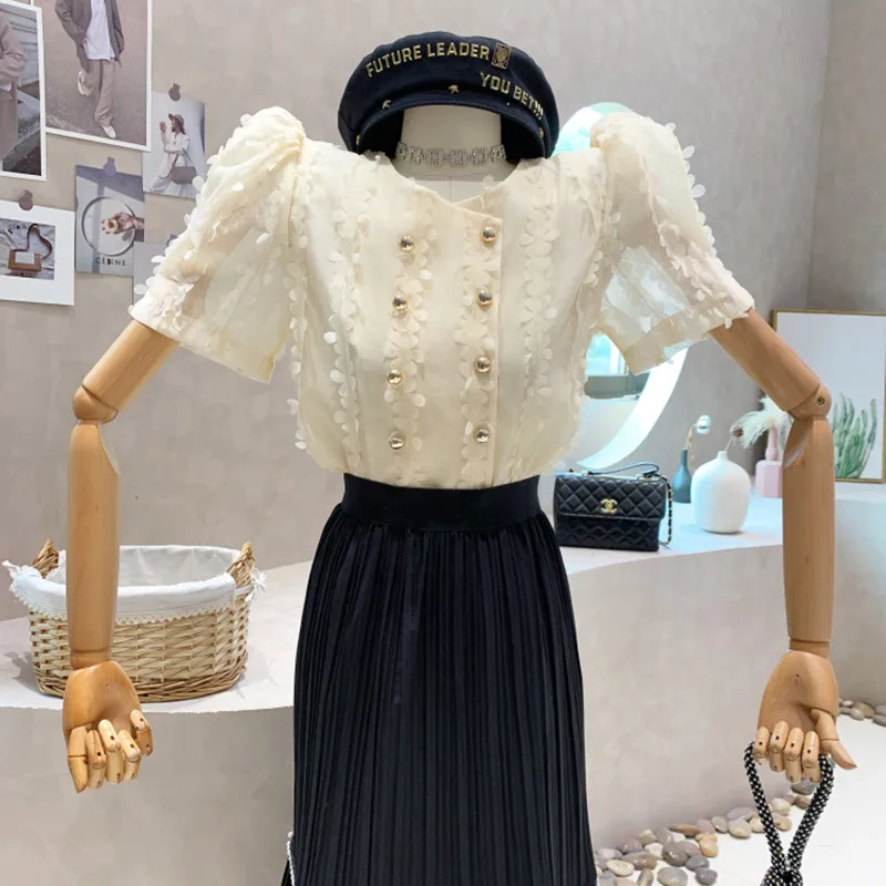 

New Women's Clothing 2022 Summer Three dimensional petal short sleeve shirt thin Bubble Sleeve Chiffon Top blusas
