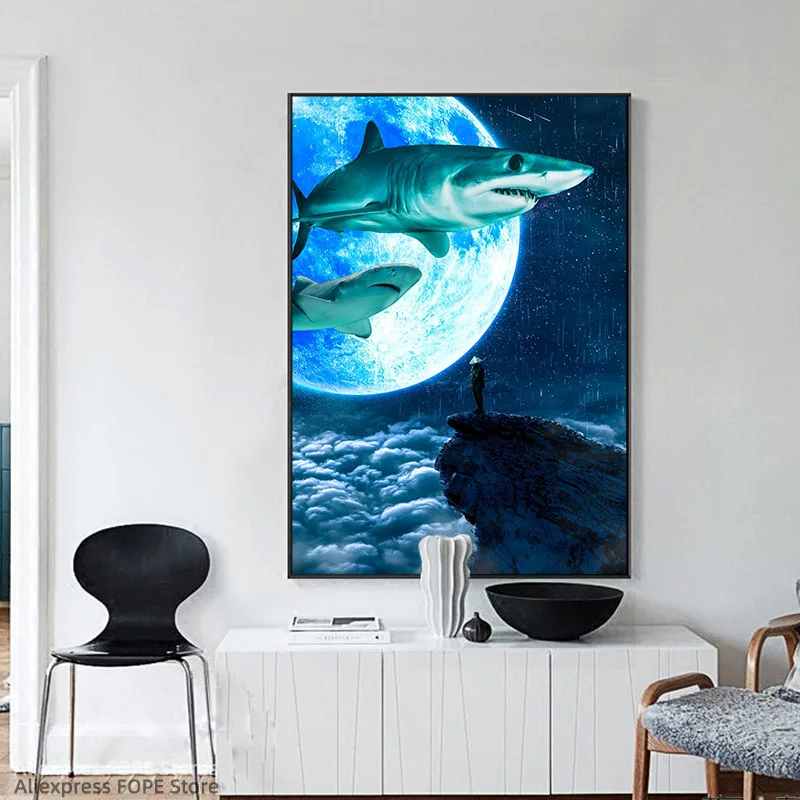 Акула плакат с Луной холст картина стены фотообои для украшения дома