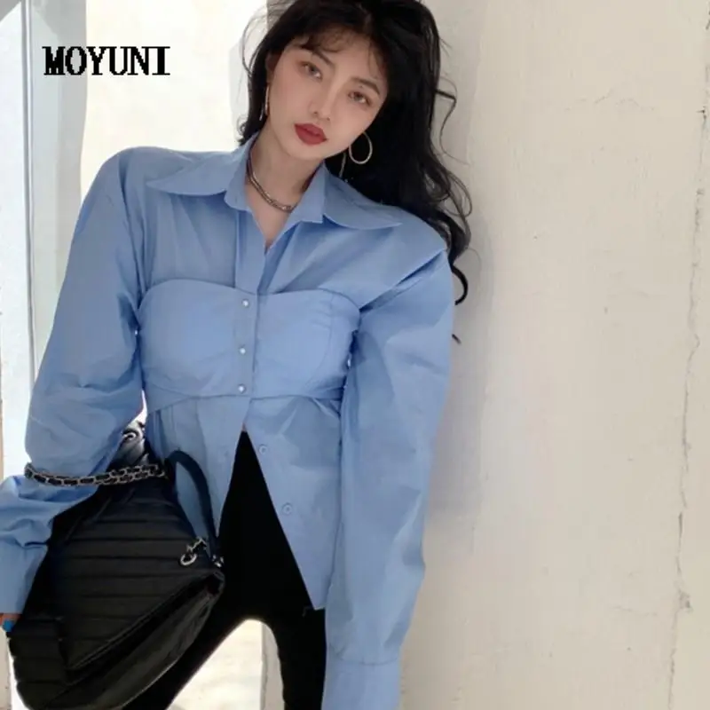 

casual Women Vintage Blue Pleated Fake Two-Piece Blouse New Lapel Long Sleeve Loose Fit Shirt Fashion Blusas Spring Autumn 2022