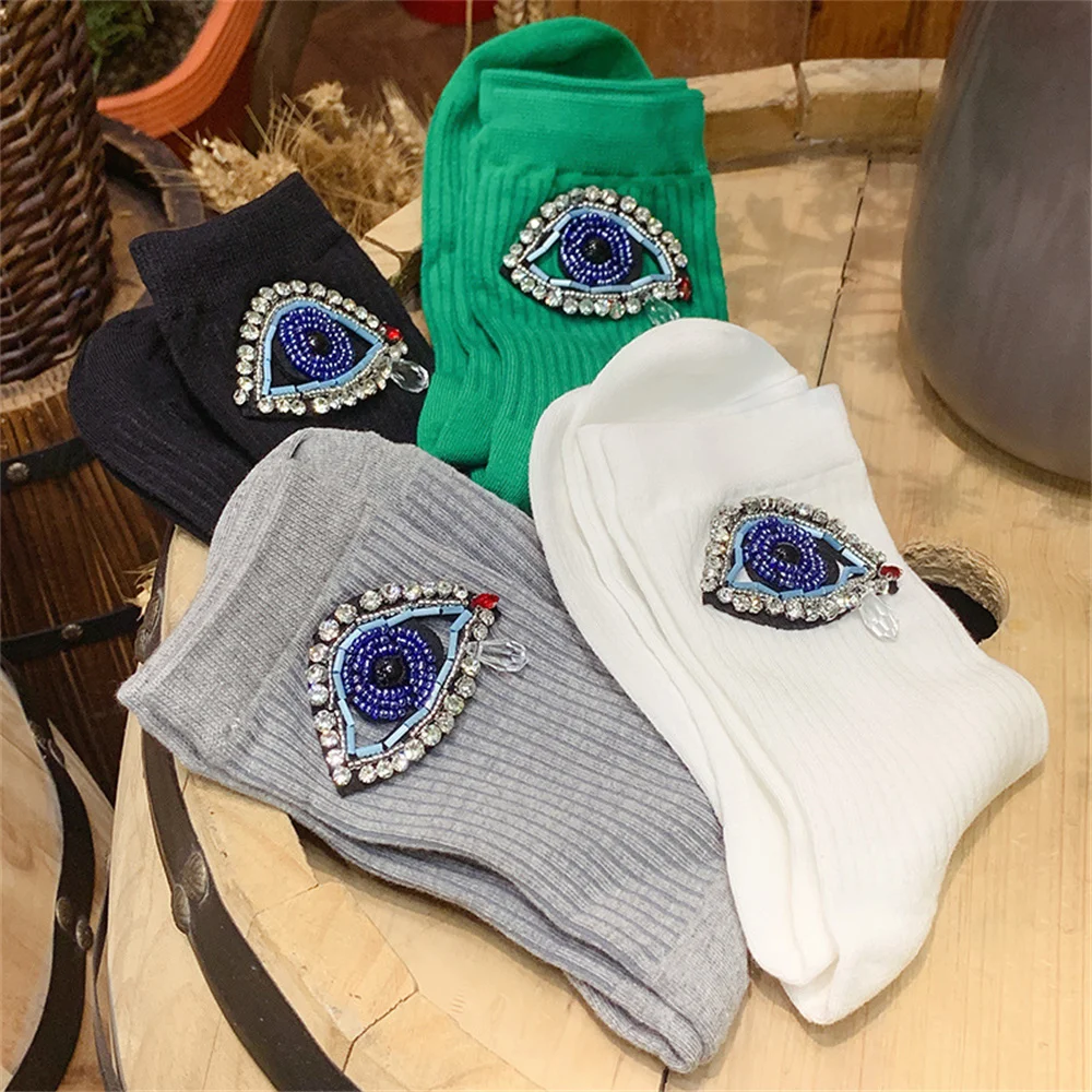 

2022 Big eye Rhinestone socks fashion women breathable cotton socks hip hop fashion girl punk socks Soft Socks