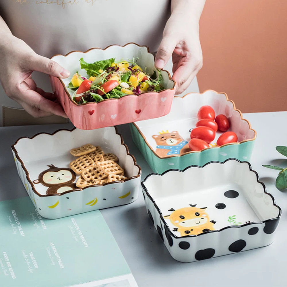 

Cartoon fruit salad bowl square lace animal baking dish lovely baked rice baking household ceramic tableware