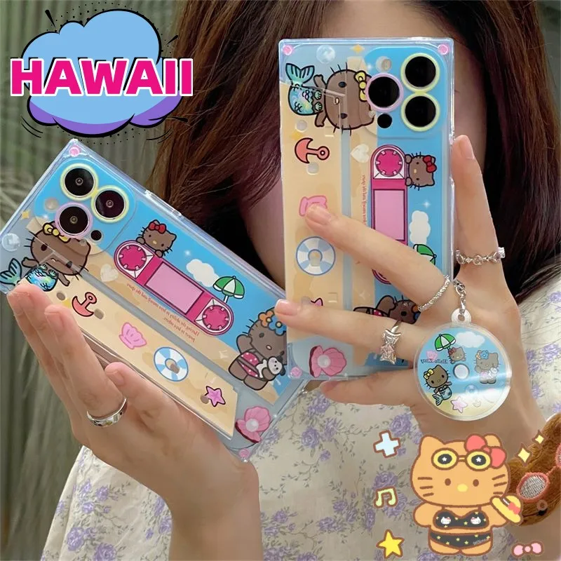 

New Black Skin Hawaii Hellokitty Tape Holder Soft Plastic Phone Case for 13 Iphone 14 Promax 11 12 Anime Smartphone Decorations