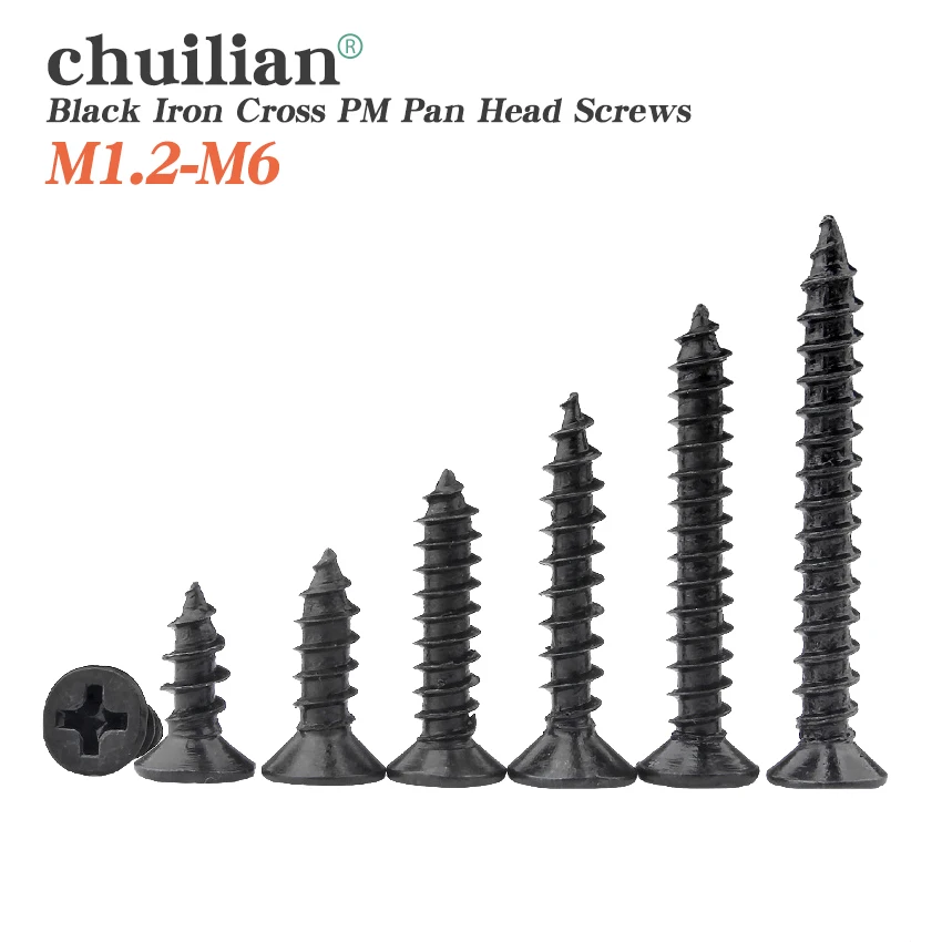 

50Pcs M1.4 M1.7 M2 M2.3 M2.6 M3 M4 Carbon steel Black Cross recessed countersunk Flat head tapping screws Wood Screw