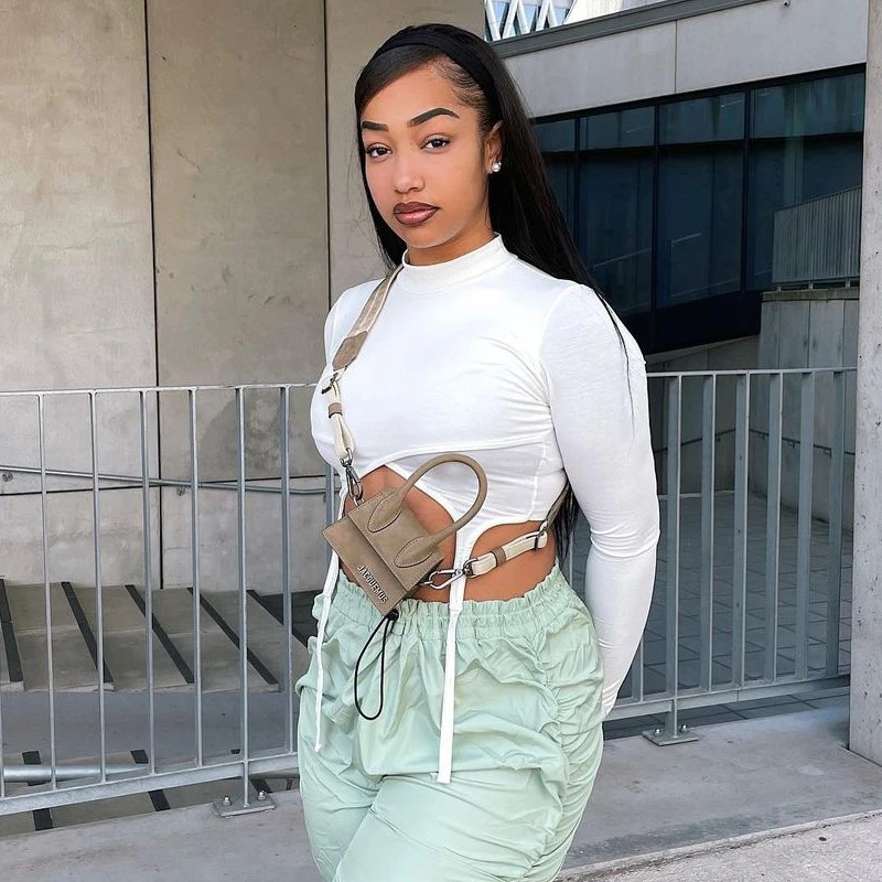 

2022 Atumn новые продукты сексуальная мода Уличная Повседневная до пупка облегающий однотонный тонкий боковой галстук Топ с длинным рукавом дл...