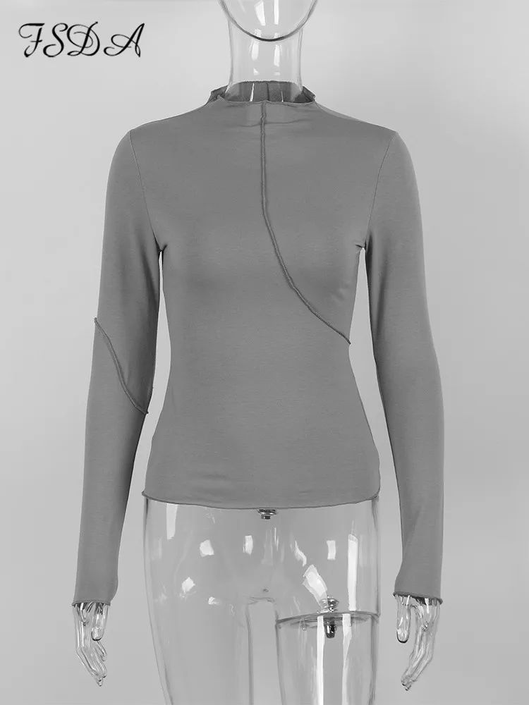 

LenBuck Turtleneck Y2K 2022 Long Sleeve T Shirts Women White Autumn Winter Casual Black Basic Gray Sexy Tops 90s Fashion Vintage