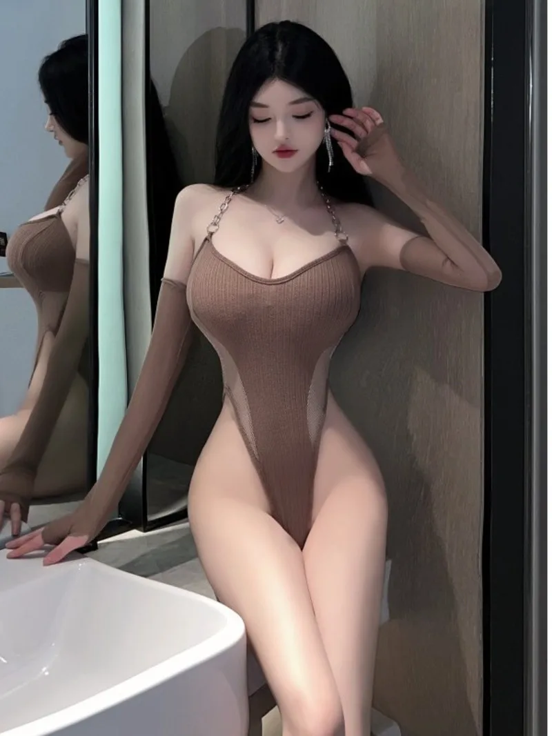 

Sexy Spicy Girl Sleeve Tight Bodysuit T-shirt Women Camisole Perspective Waist Exposure Brown Wrap Buttocks Temptation ASWD