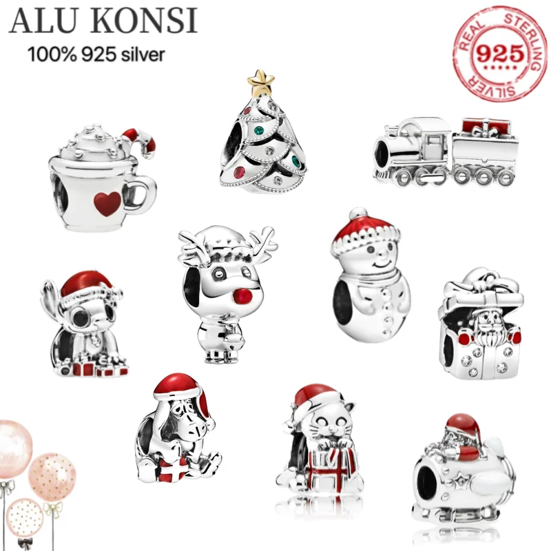 

925 silver Glitter Christmas Gift Tree Snowman Reindeer Santa Claus Charm Bead Fit Original Pan Bracelet fFor women DIY Jewelry