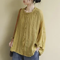 button up o neck cotton linen blouses fashion lace patchwork solid color womens loose long sleeve shirt embroidery casual top