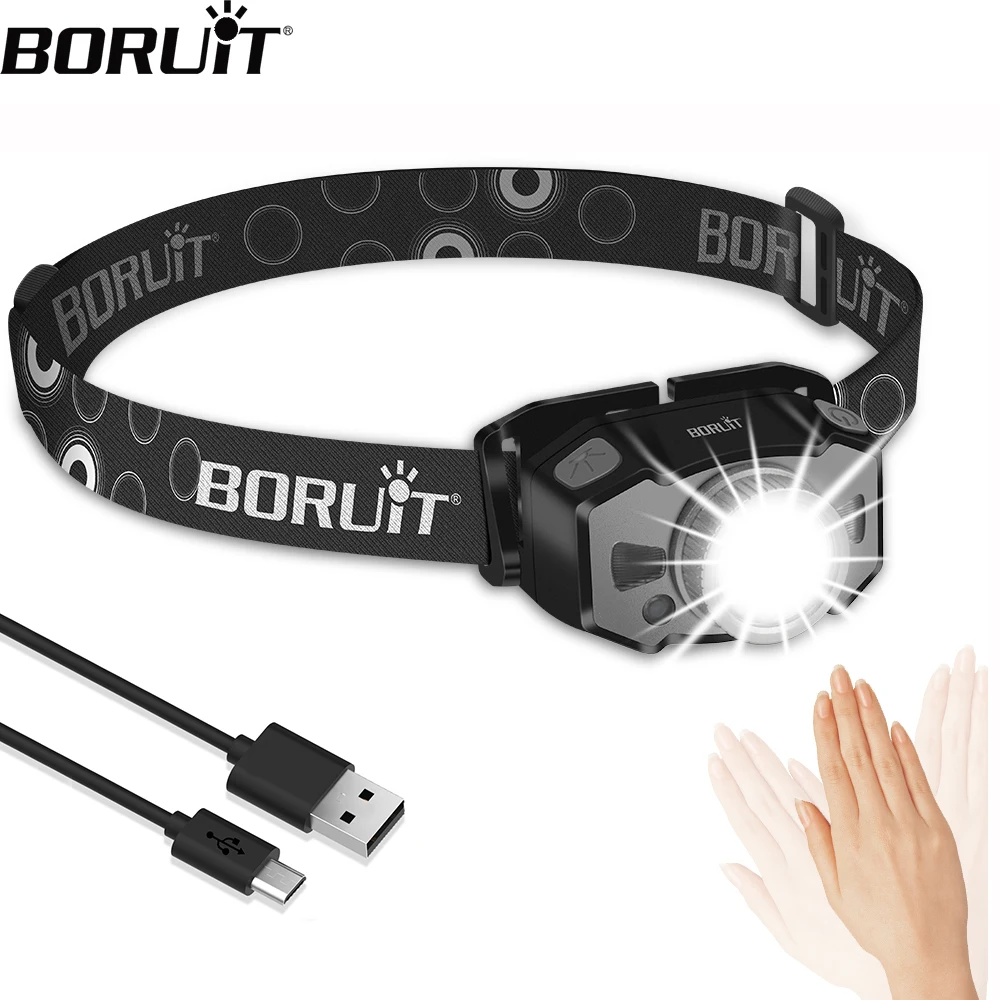 BORUiT B33 светодиодный датчик движения, мини налобный фонарь, XP-G2, красный светильник 3030, светильник с зумом, Перезаряжаемый USB фонарь, фонарь для рыбалки, флэш-светильник