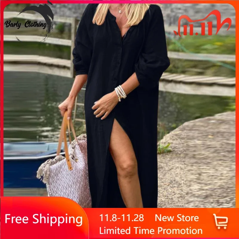 

New Fashion Elegant Women's Dress Solid Cotton Linen Square Neck Long Sleeved Casual Buttons Vestido Party Dress for Women 2023