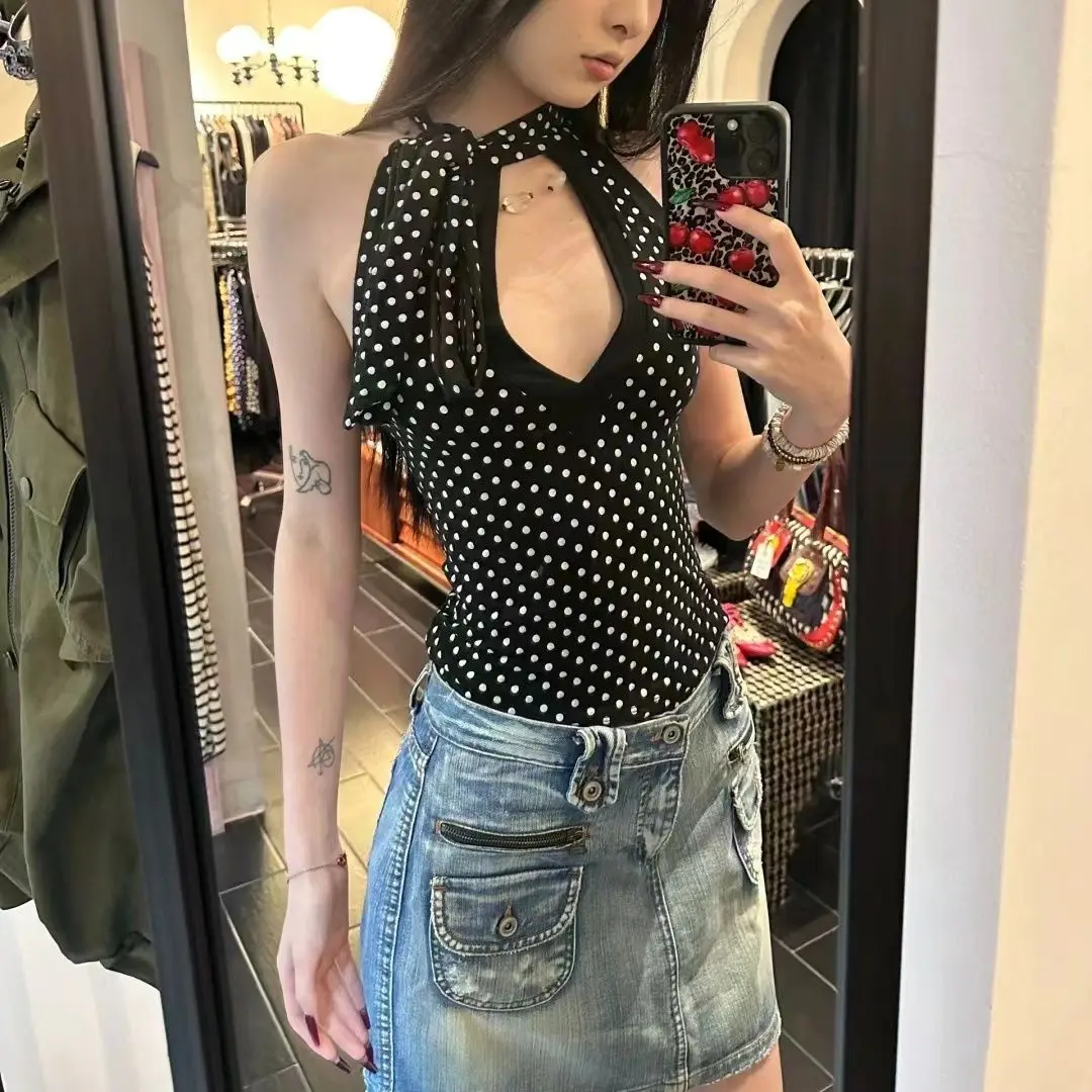 Винтажный Американский маленький жилет в горошек с ремешком на шею Летний Новый