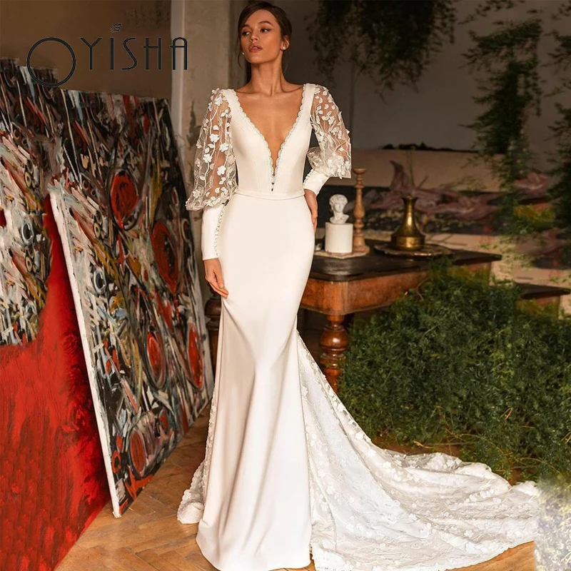 

OYISHA Sexy Mermaid Wedding Dresses Delicate V-Neck Puff Sleeves Bridal Gowns Charming Backless Satin vestido de noiva For Women