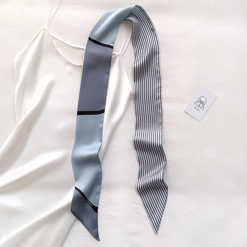 

Spain Fashion Brand Women Grey Geometric Striped Line Silk Scarf Girls Print Soft Headband Office Lady Bag Long Shawls 140*8Cm