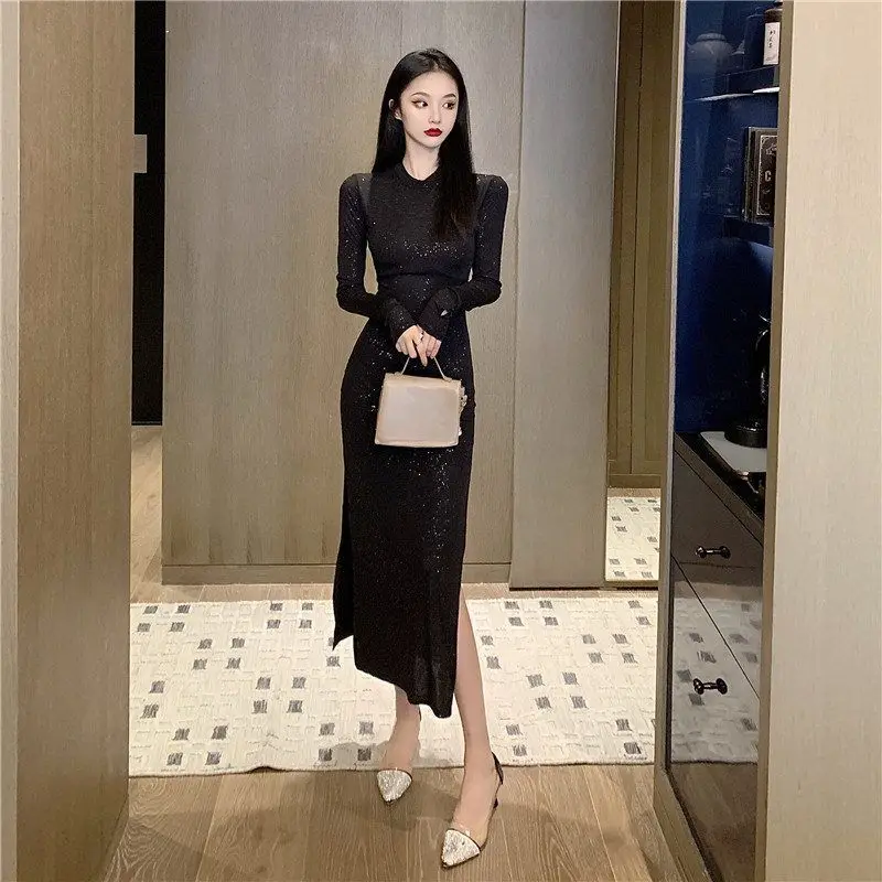 

Fashion Hong Kong Flavor Evening Dress Turtleneck Long Sleeve Sequins Partysexy Waist Gown Robe Sexy Women's Side Slit New Dress