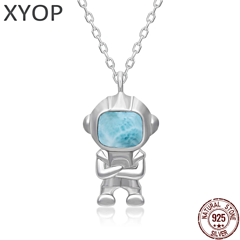 

Astronaut Observer LOVE Universe Retro Style 925 Sterling Silver Jewelry Natural Precious Larimar Pendant Necklace for Women