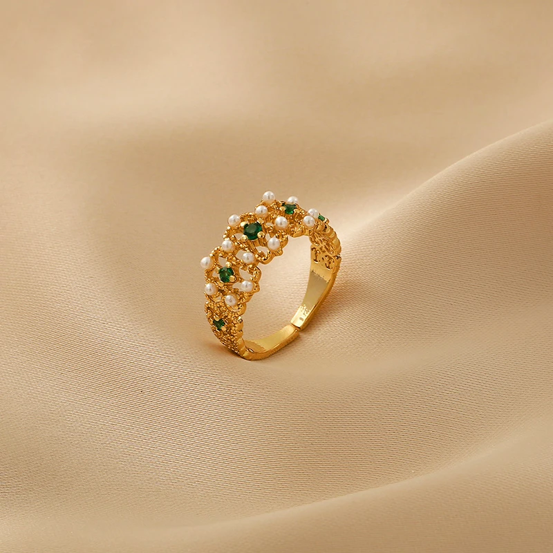 Французское винтажное классическое Золотое кольцо с натуральным жемчугом и