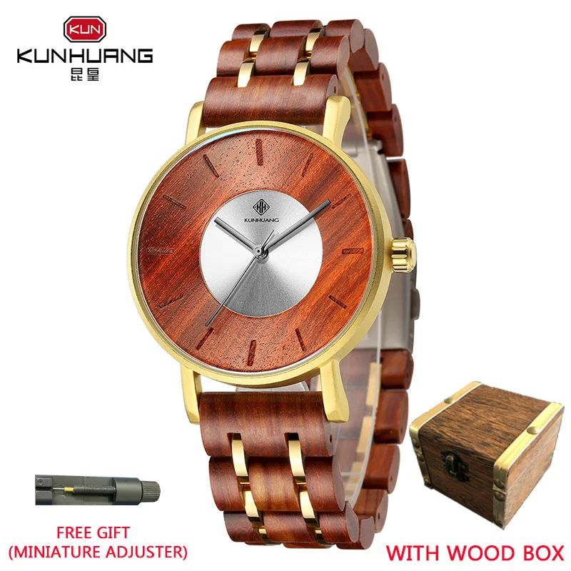 

KUNHUANG Classic Design Handmade Wooden Watch Men's Quartz Watch Luxury Wooden Gift Box Fashion Wooden Watch Orologio da uomo