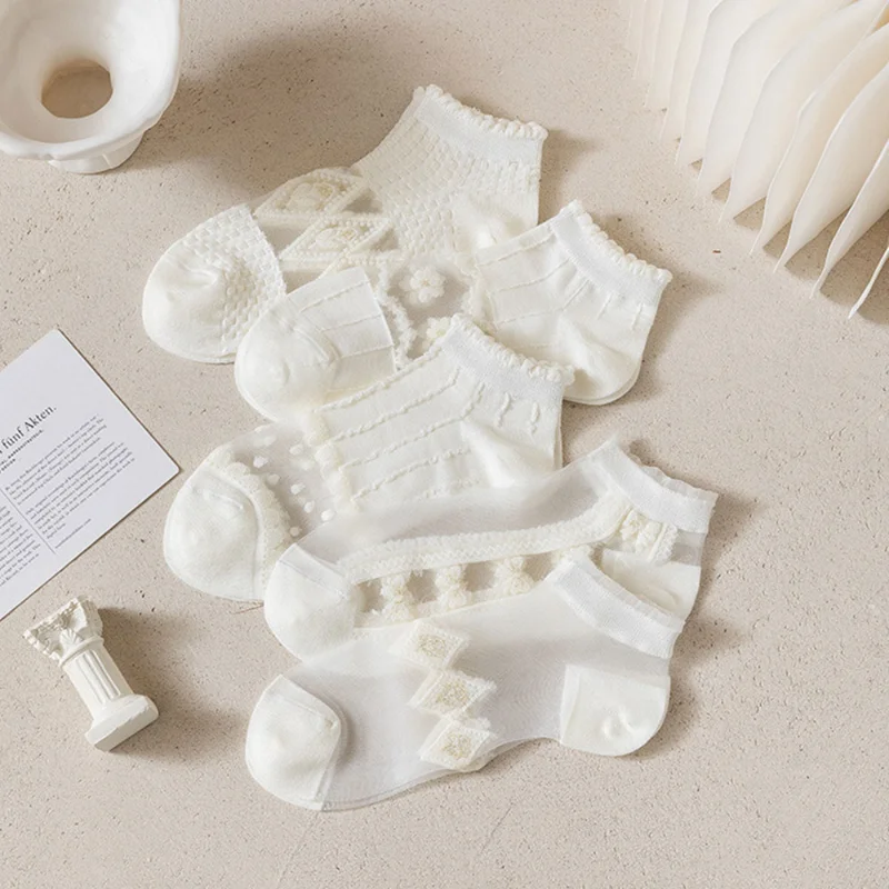 5 Pairs/Lot Summer Short Women White Socks Low Tube Cool Socks Set Cute Print Ankle Foot Cover Fashion New Kawaii Lace Sock