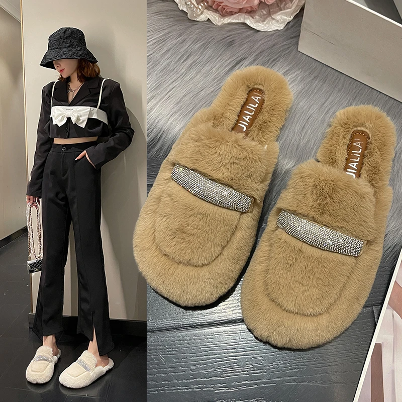 

Fur Shoes Slippers Casual Slides Jelly Flip Flops Flock Mules For Women 2022 Cover Toe Low Plush Luxury Flat Massage Glitter Fab