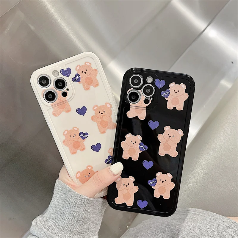 

Cute Cartoon Bear Love Skin Friendly Luxurious Anti-drop Soft Shell For iphone 11 12 13 Pro Max XR X Xs 6 7 8 Plus Phone Case