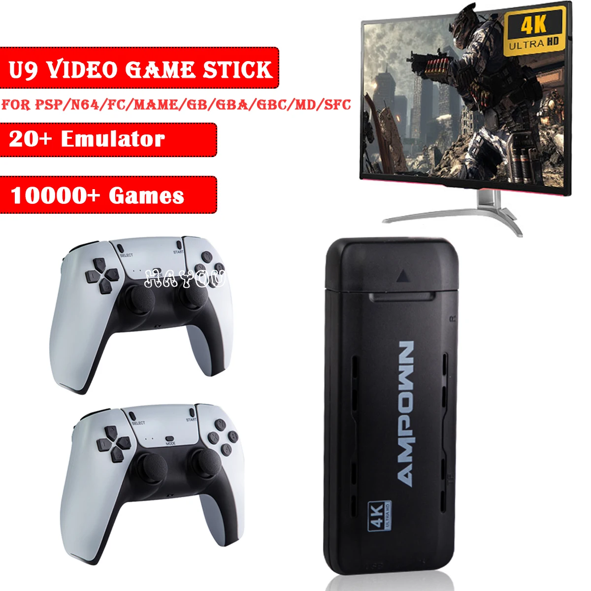 

Retro Game Stick 4K HD TV Video Game Console for PS1/PSP/N64 20 Emulators Game Players with 10000+ Games 2 Wireless Controllers