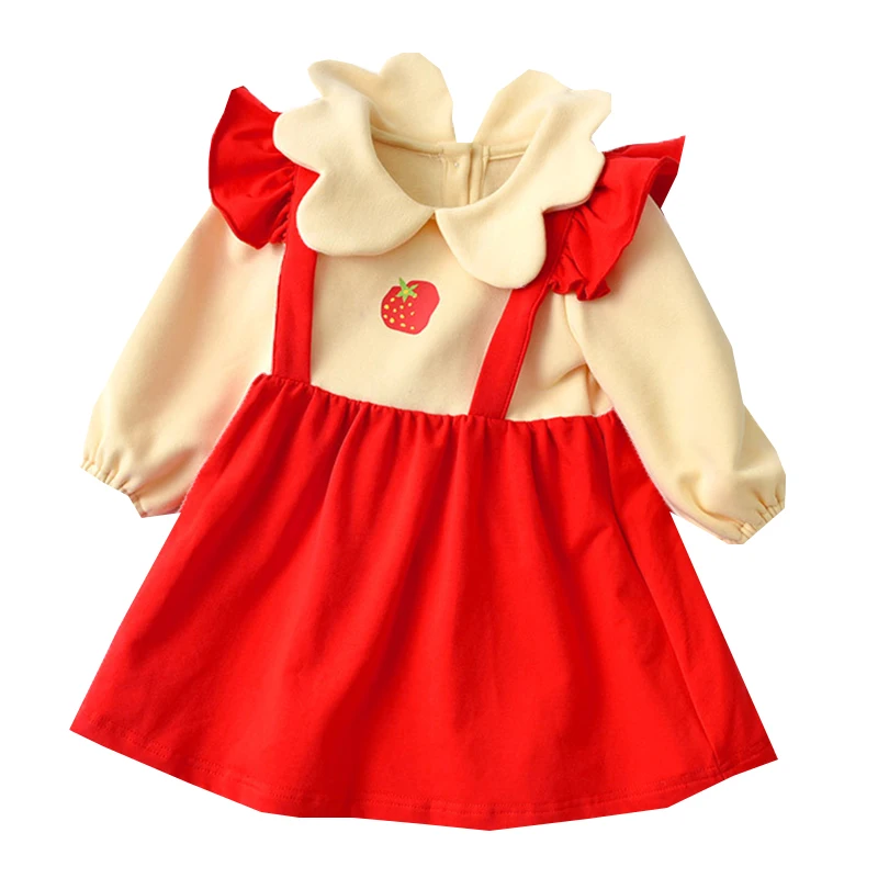 

Patchwork Girls Dress for 1-4Y Sweet Princess Spring Fall Clothes + Petal Collar Kids Girls Cute Strawberry Print Daily Outfits