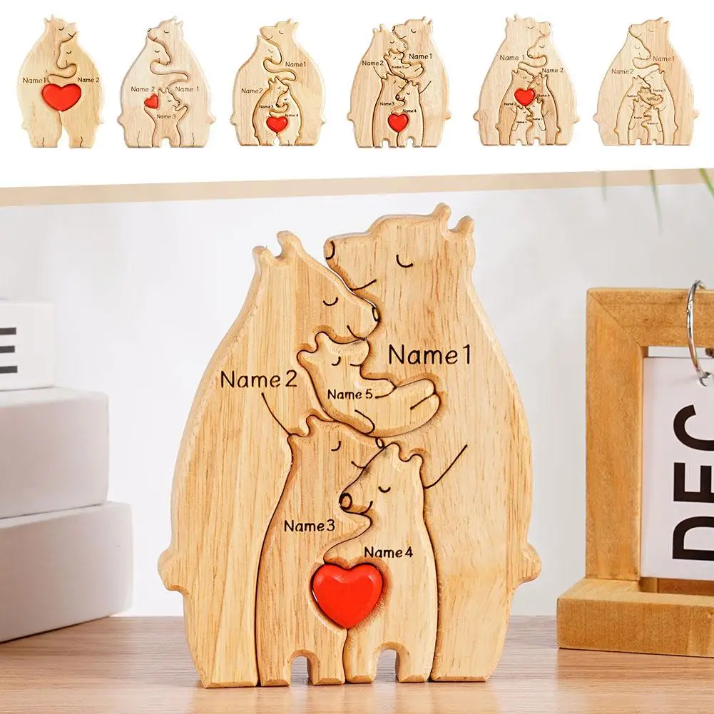 

2023 Personalized Bear Family Wooden Art Puzzle, Gift for Family Personalized Art Text with 1-8 Family Name Heart Puzzle J8M0