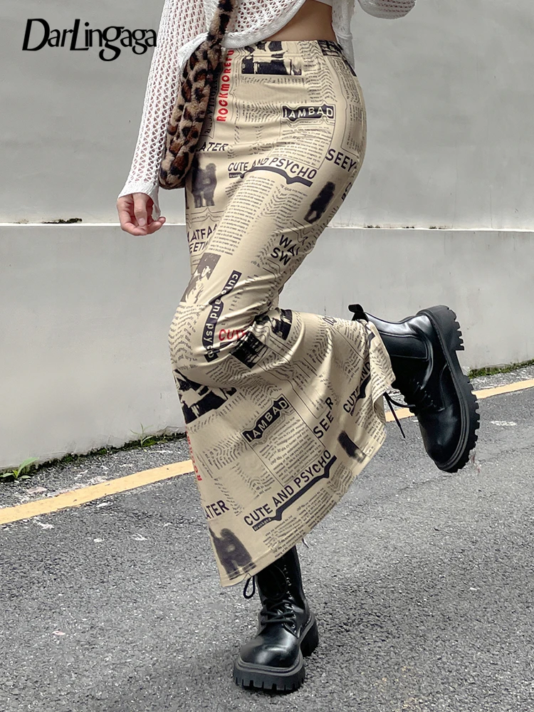 

Darlingaga Vintage Newspaper Letter Print High Waist Long Skirt Women Distressed Harajuku Slim Pencil Skirts Aesthetic Y2K Chic
