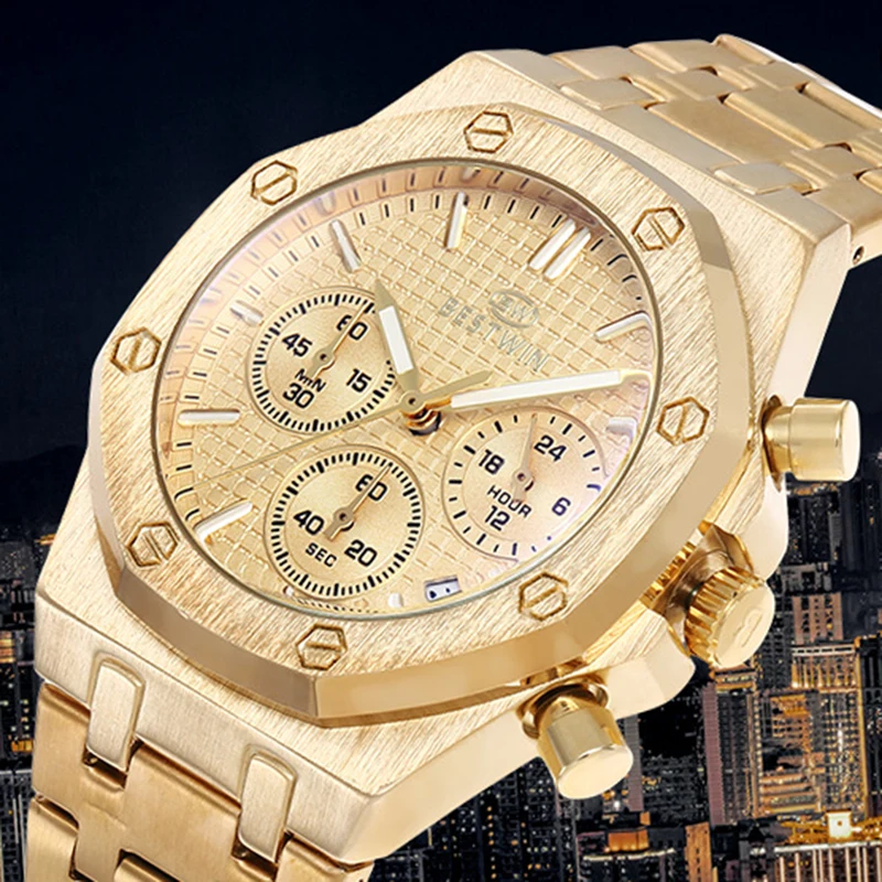 

Gold Watch For Men Luxury Brand Stainless Steel Chronograph Golden Male Wristwatches Waterproof Military Relogio Masculino 2022