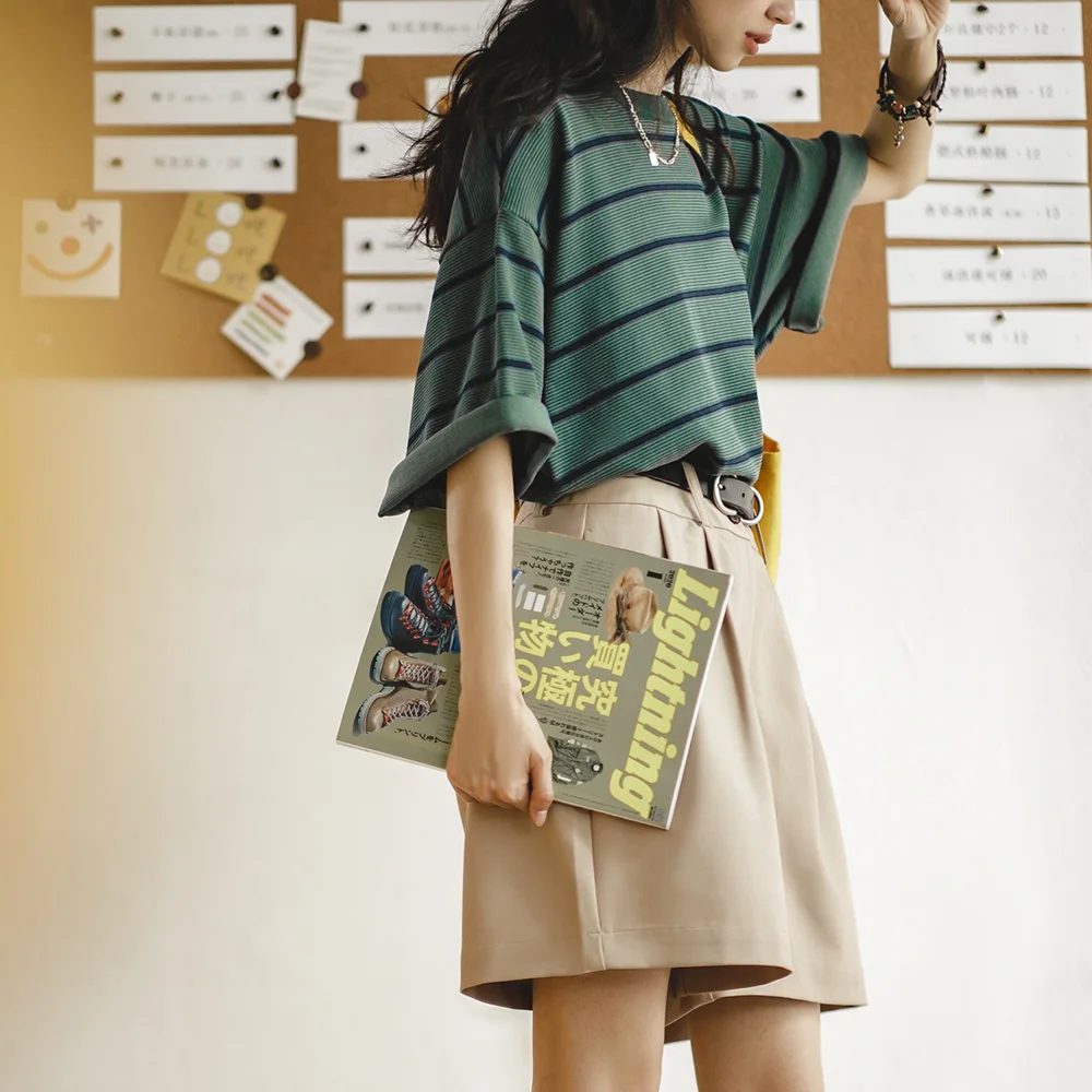 Madden Women's American Retro Pleated Capris Summer Casual Versatile Shorts A-line Mid Waist Slim Wide Leg Pants