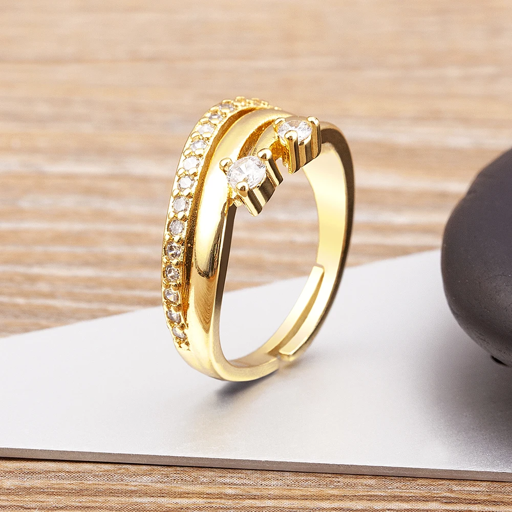 Светлый роскошный дизайн геометрического трехслойного блестящего кристаллического медного циркона открывающееся регулируемое кольцо женский классический ювелирный подарок на свадьбу