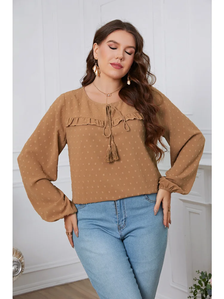 Ladies Style Tie Rope Round Neck Lace Loose Size Women's Top plus size women clothing  roupas femininas