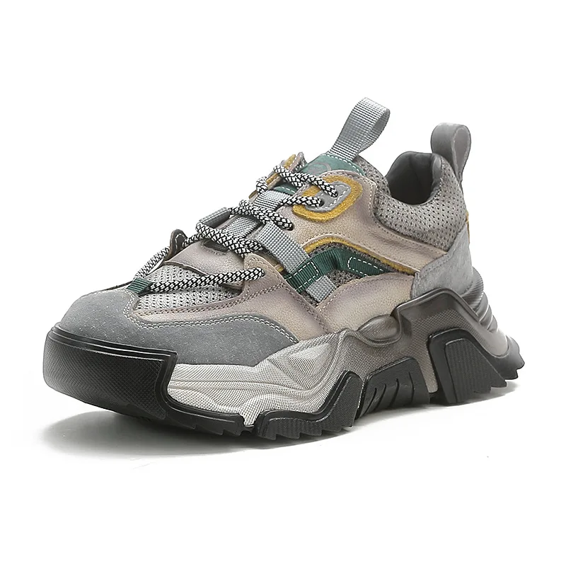 Autuspin 4.5cm Chunky Cross-Tied Sneakers Women Summer Autumn Handmade Cow Leather Casual Vulcanized Shoes Students Woman Retro