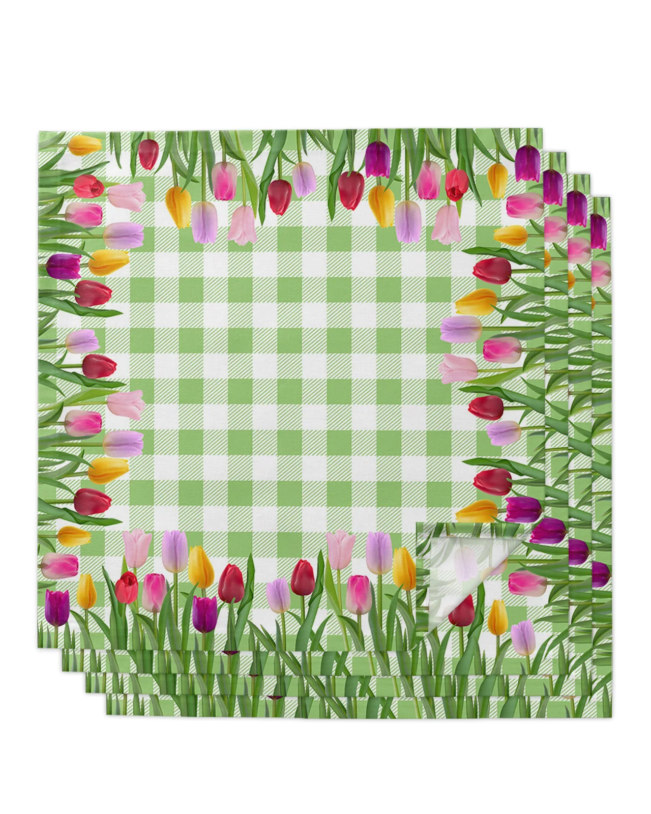 

4pcs Tulip Easter Flowers Idyllic Plaid Square 50cm Table Napkin Wedding Decoration Table Cloth Kitchen Dinner Serving Napkins