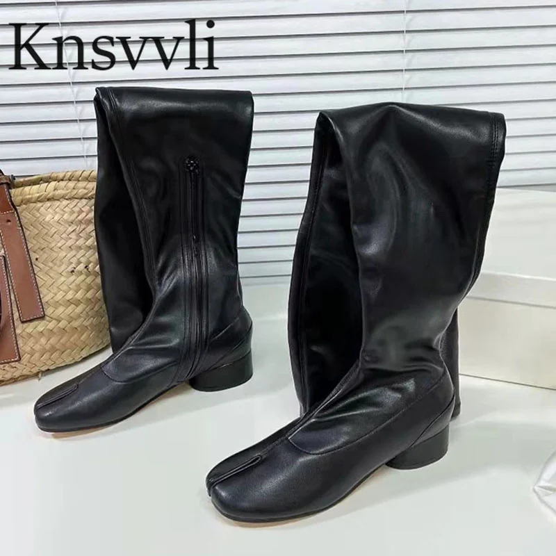 

Black Brand Long Boots Woman Split toe Over-the-Knee Boots Female Square Toe Ankles Zipper Round Heels Stretch Boots Women