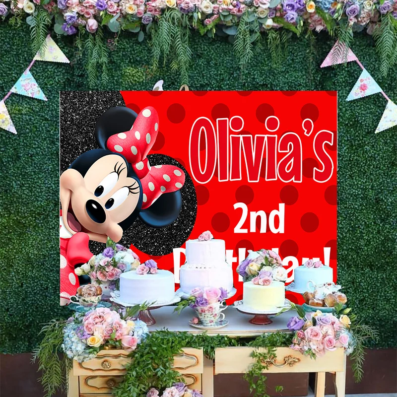 

Cartoon Disney Princess Cute Dots Pink Bow Tie Baby Minnie Mouse Red Glitter Backdrop Happy Birthday Party Backgrounds Banner