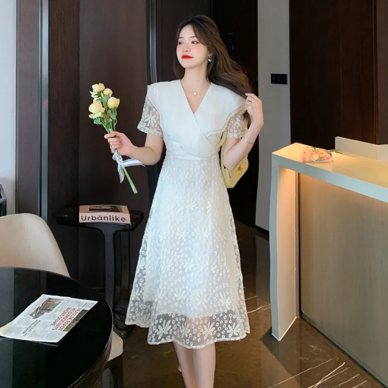 

Summer Elegant Women V Neck Ruffles Vintage Lace Party Dresses Office Lady Short Sleeve White Hight Waist Slim A Line Midi Dress