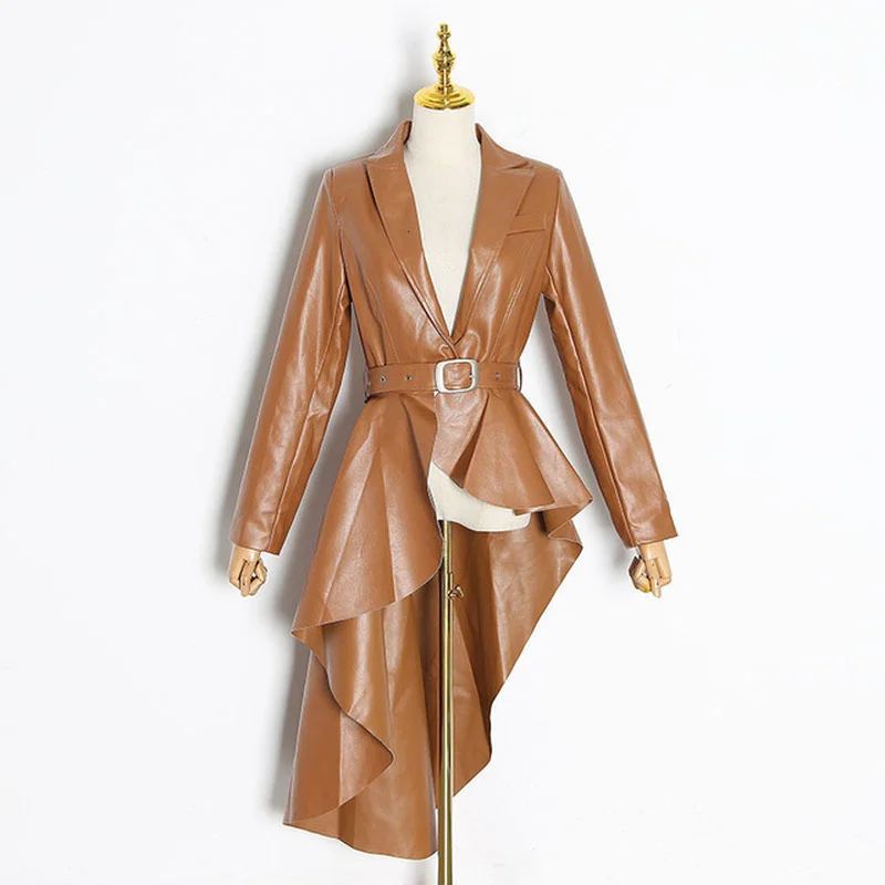 Женский кардиган из ПУ кожи с поясом на талии