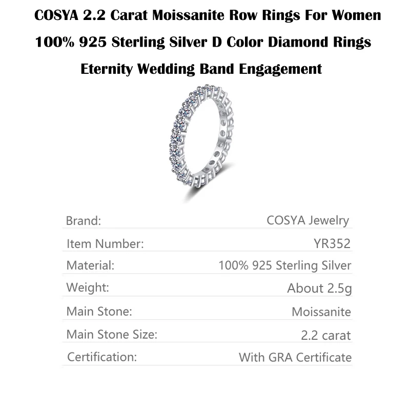 COSYA 2.2 карат муассанит кольца в ряд для женщин 100% Стерлинговое Серебро 925 пробы D