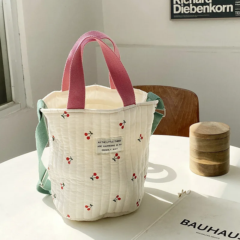 

Female Cherry Pattern Canvas Tote Drawstring Mommy Bags Portable Quilted Cotton Shoulder Messenger Bag Bucket Handbag